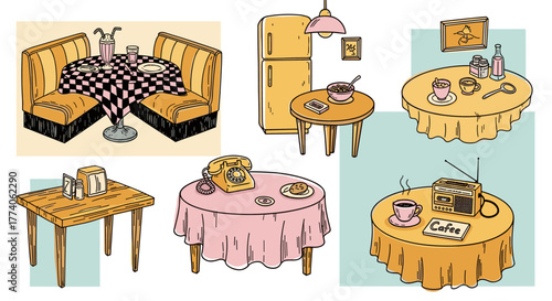 Vintage kitchen scenes featuring various tables with checkerboard tablecloths, retro appliances, and nostalgic decor items like a rotary phone and an old radio.