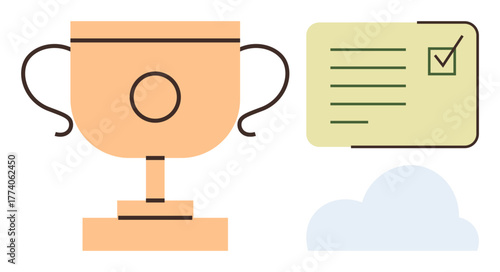 Trophy symbolizing success, checklist with marked tasks, and cloud element for inspiration. Ideal for achievement, goals, motivation, productivity, success recognition planning. Simple flat