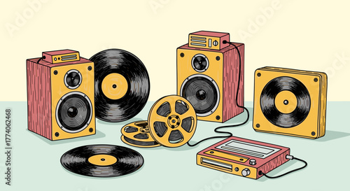 Retro audio setup with vintage speakers, vinyl records, and a reel-to-reel tape player on a contrasting surface.