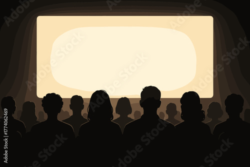 A diverse audience of silhouetted people watching a bright screen in a dimly lit cinema, showcasing male and female figures of various ages and races.