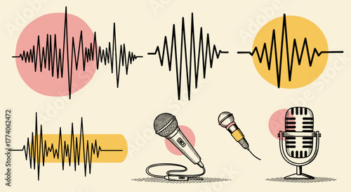 A collection of diverse microphone designs and soundwave patterns with colorful circular accents showcasing audio themes.