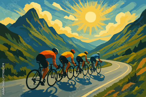 A group of cyclists in vibrant jerseys riding along a winding mountain road under a bright sun, surrounded by lush green hills and majestic peaks.