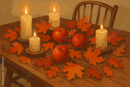 Three red apples surrounded by vibrant orange autumn leaves and four lit candles on a rustic wooden table.