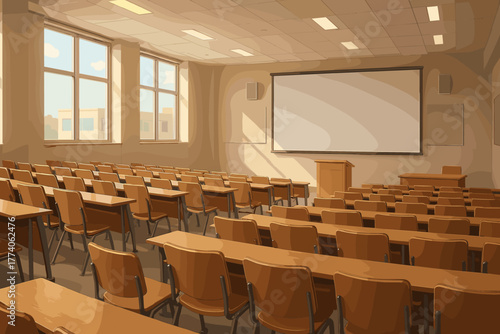 Empty lecture hall with rows of wooden desks and chairs facing a large projection screen under bright ceiling lights.