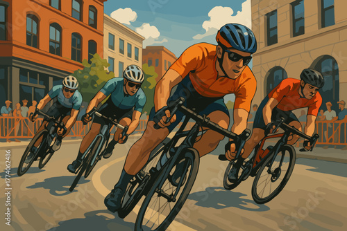 Four male cyclists wearing helmets and vibrant jerseys aggressively racing through an urban street in a competitive cycling event.