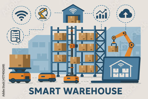 Automated warehouse with robotic arms, conveyor belts, and interconnected devices illustrating smart technology in logistics and inventory management.