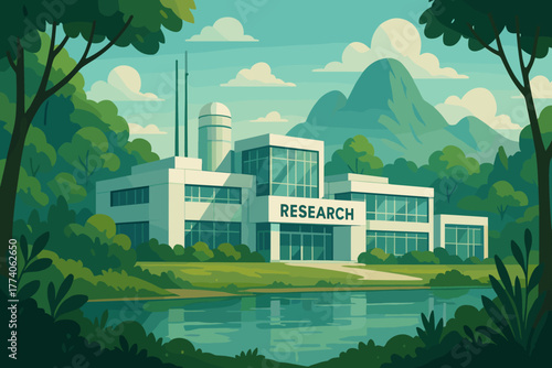 Modern research facility surrounded by lush greenery and mountains, situated beside a tranquil lake under a partly cloudy sky.