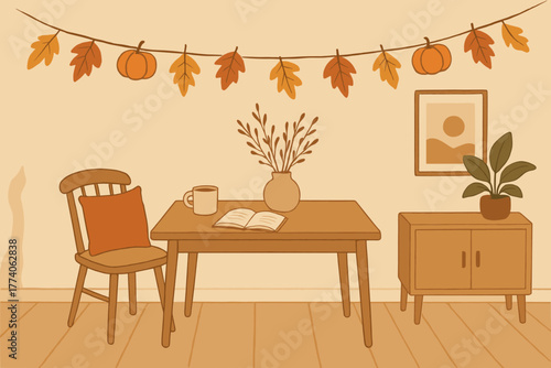 Cozy autumn-themed interior featuring a wooden dining table, a chair with an orange cushion, a vase with branches, and a dresser with a plant, enhanced by fall leaf garlands.