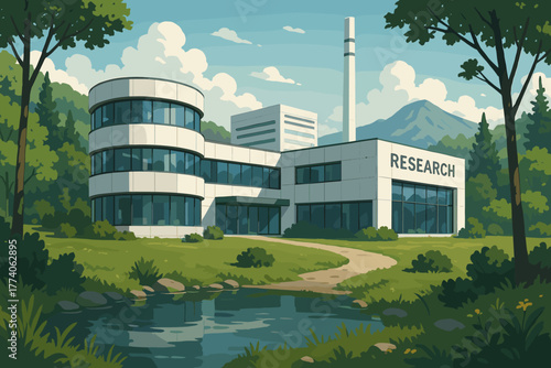 Modern research facility with a white, futuristic design nestled in a lush forest with a clear, serene pond reflecting the surrounding nature.