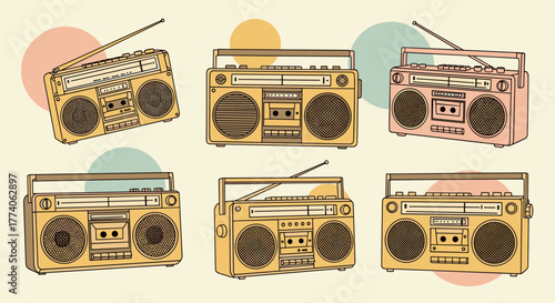 Six vintage portable radios in various pastel colors with cassette compartments and extended antennas, featuring geometric circle designs in the background.