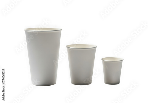 Three white disposable paper cups of varying sizes displayed together transparent background