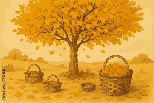 A tall tree with vibrant orange leaves stands surrounded by four wicker baskets filled with freshly picked oranges on a leaf-strewn ground.