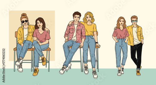 Group of diverse young adults, including two caucasian females, an asian female, and three caucasian males, sitting and standing in casual clothing with neutral expressions.