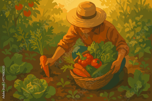 Female gardener harvesting fresh vegetables including carrots, tomatoes, and lettuce in a lush garden during sunset.
