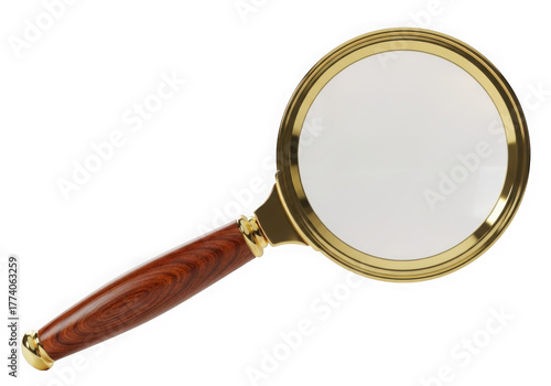 Antique golden magnifying glass with wooden handle for detailed inspection and research transparent background