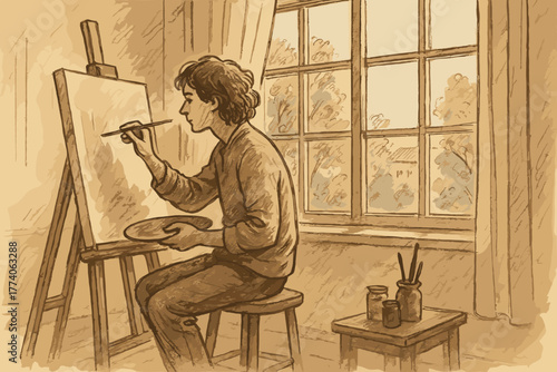 Young caucasian male artist sitting on a stool, painting with a brush on a canvas, near a large window with a view of trees.