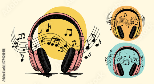 Hand-drawn style illustration of headphones with flowing musical notes on colorful circular backgrounds.