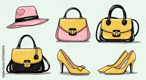 A collection of stylish fashion accessories including a pink fedora hat, two handbags with buckles, and two pairs of yellow high-heeled shoes.