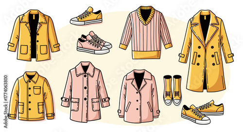A collection of stylish yellow and pink jackets paired with matching sneakers, including various coat styles and a striped sweater.