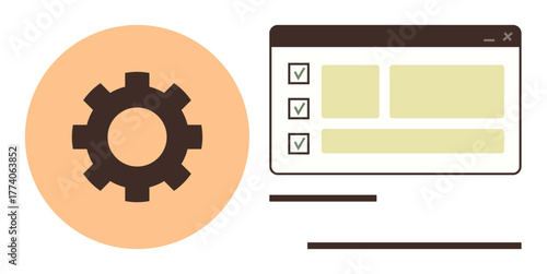 Gear icon and checklist interface symbolize system preferences, automation, and task tracking. Ideal for workflow, planning, technology, organization, productivity, software process optimization