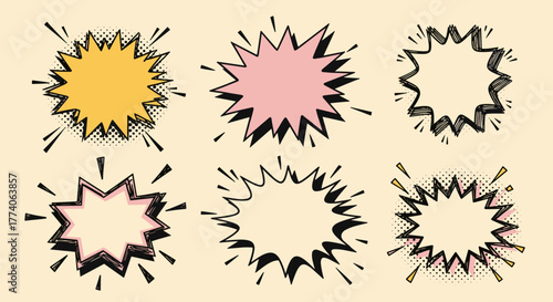 Six colorful comic-style speech bubbles with spiky edges, each uniquely patterned for dynamic communication effects.
