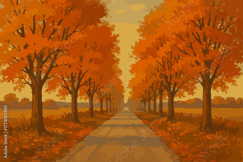 A long pathway is flanked by vibrant orange autumn trees, creating a picturesque and symmetrical scene perfect for illustrating the beauty of fall.