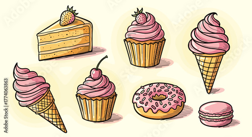 Assorted delectable pastries featuring a slice of layered cake, two cupcakes with pink frosting, two ice cream cones, a donut, and a macaron.