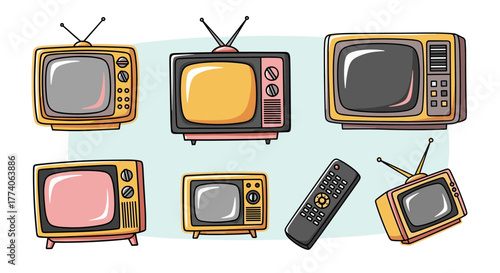 A collection of vintage television sets in various retro designs with a remote control, showcasing nostalgic technology from different eras.