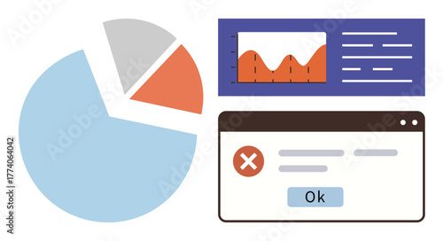 Pie chart, graph, and error message in a browser window display progress and system insights. Ideal for data analysis, reporting, feedback, project management, troubleshooting, and business