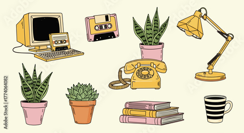 Retro-themed illustration featuring a vintage computer, cassette tapes, and rotary phone alongside potted plants, a desk lamp, and a striped coffee mug.