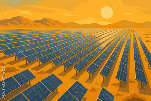 A vast array of solar panels in a desert landscape capturing sunlight, with mountains in the distance under a bright orange sky.