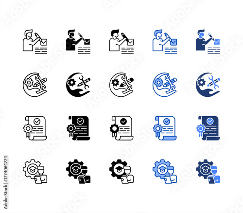 Assessment, Vocational, Accreditation, Apprenticeship multiple style icon set.