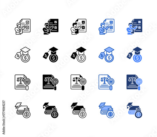 Accountability, Student loan, Equity, Education funding multiple style icon set.