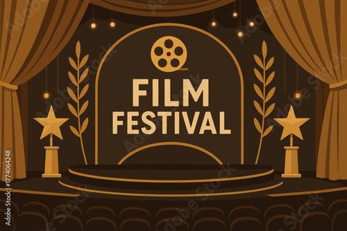 Elegant film festival stage with golden decorations, featuring stars, laurel leaves, and illuminated by hanging lights.