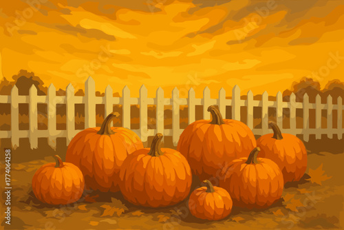 A collection of ripe orange pumpkins arranged in front of a white picket fence with an autumn sky in the background.