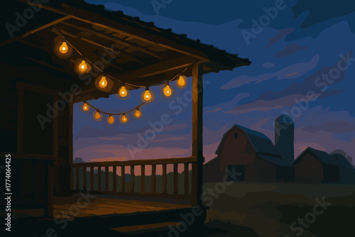 Rustic farmhouse porch with glowing string lights at dusk overlooking distant silhouetted barns under a twilight sky.