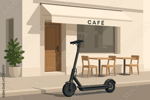 A modern electric scooter parked in front of a cozy café with an inviting outdoor seating area on a sunny street.