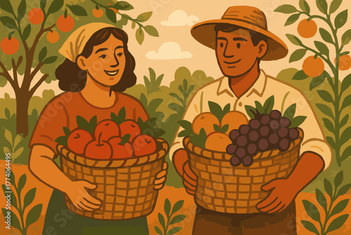 Caucasian female and hispanic male adults smiling while holding baskets full of freshly picked fruits including apples, oranges, and grapes in a vibrant orchard.