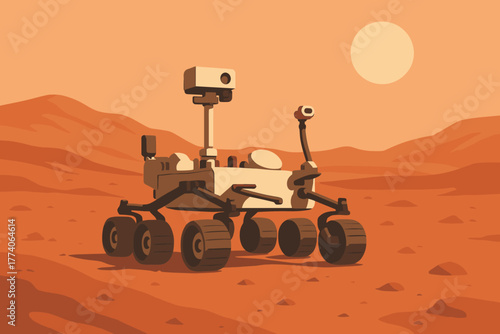 Autonomous six-wheeled mars rover navigating the red martian terrain under a bright sun.