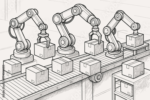 Three robotic arms with grippers lifting boxes on an automated conveyor belt in a warehouse setting.