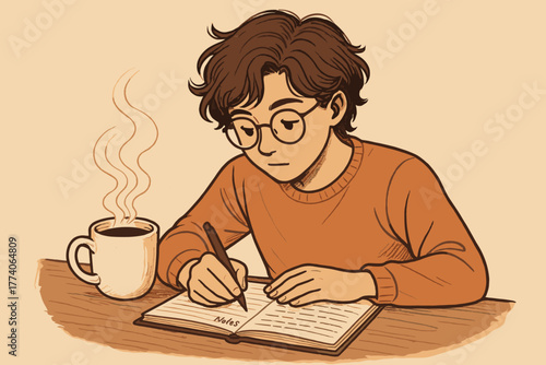 Young caucasian male writing in a notebook with a cup of coffee on the table, displaying a focused and thoughtful expression.