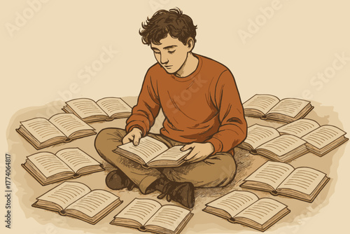 Young caucasian male reading a book while seated cross-legged, surrounded by numerous open books on the floor, wearing a long-sleeve shirt.