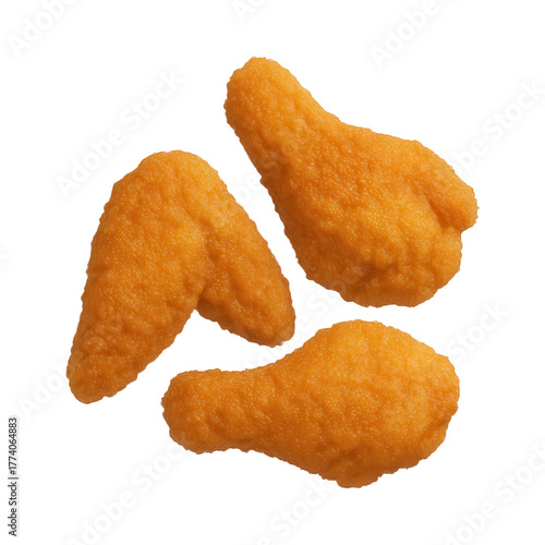 Three pieces of breaded fried chicken wings and drumsticks isolated on transparent background  