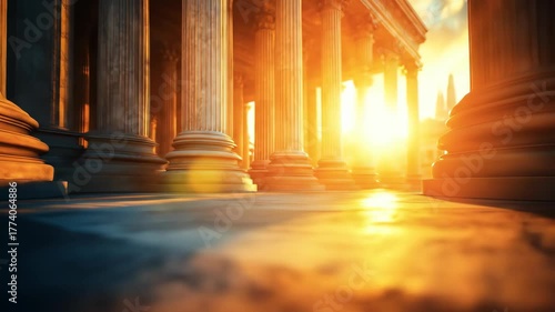 Majestic pillars bathed in golden sunset light against a dramatic sky