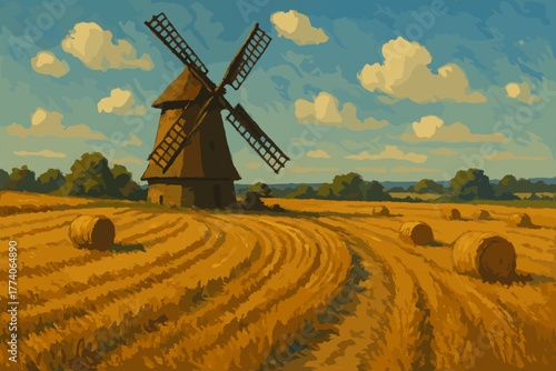 Rustic windmill set against a clear blue sky, surrounded by golden wheat fields and scattered hay bales, under a few fluffy clouds.