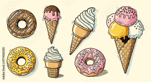 Illustrated assortment of ice cream cones, doughnuts, and a dessert cone topped with multiple scoops, highlighting variety in shapes and colors.