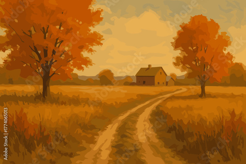 Autumn landscape featuring a winding dirt path leading to a distant house, surrounded by orange-leaved trees under a cloud-filled sky.
