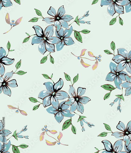 Foto Watercolor seamless background from flowers in blue background