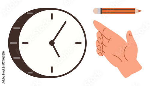 Clock showing time, hand making gesture, and pencil symbolizing work, time management, planning, focus, productivity, deadlines, and efficient task prioritization in simple flat metaphor