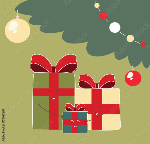 festive gift arrangement, holiday gift display with decorations, decorative holiday gift setup